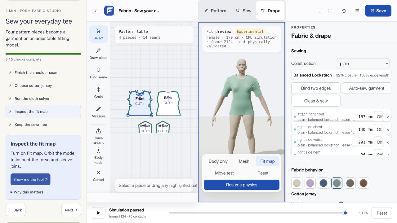 The real Form workspace showing T-shirt patterns, sewn seams and a paused cloth solve