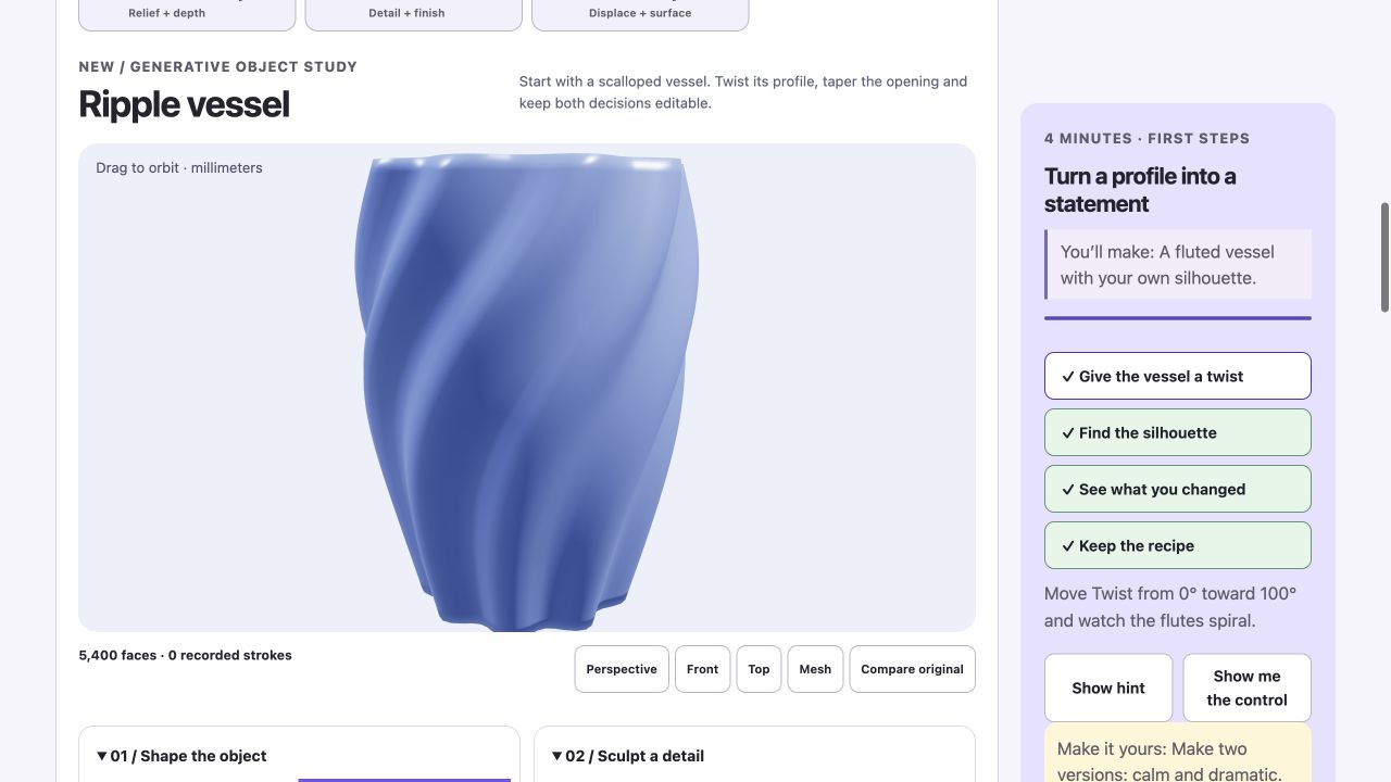 Shape a signature vessel in the interactive Form learning workspace