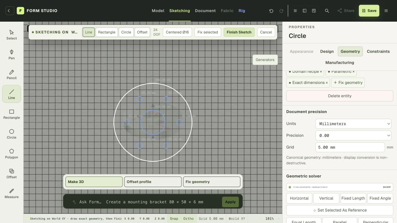 Form Studio: Work in a sketch. Move into the sketch workspace to develop the next detail.