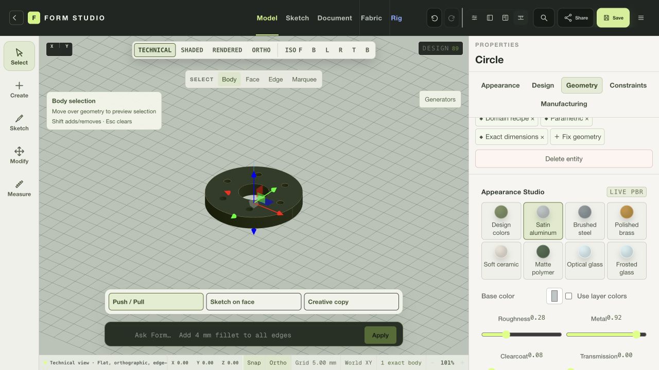Form Studio: Read the geometry. Inspect an original procedural flange in the technical view.